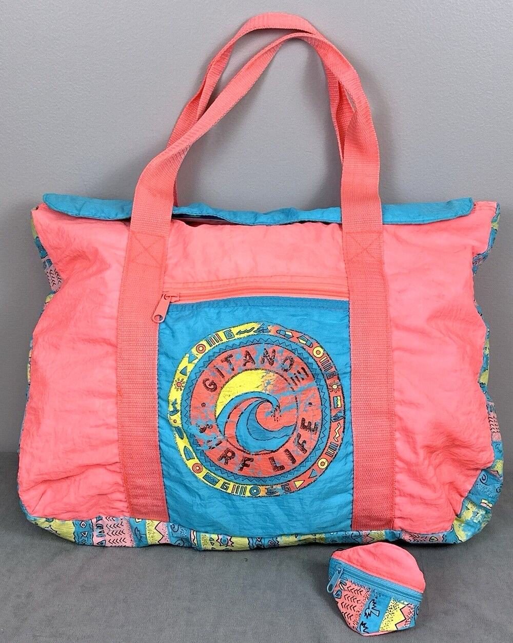 Vintage 80s Neon Beach Tote Bag Surf Miami Vice Tropical Cooler Gitano Set